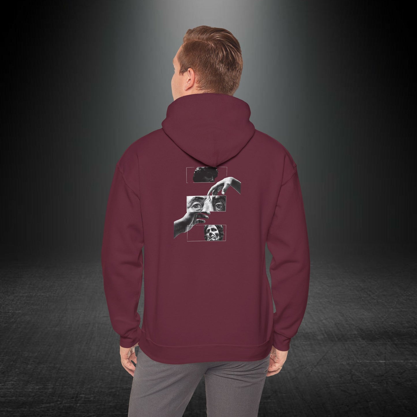 Sanatsal Yüz Kolajı Sırt Baskılı Erkek Kapüşonlu Sweatshirt