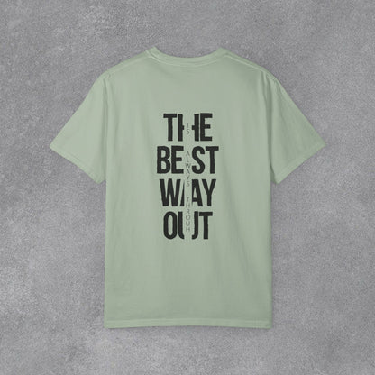Copy of Cowboy Silhouette Horse Rider T-shirt | The Best Way Out Typographic Back Print