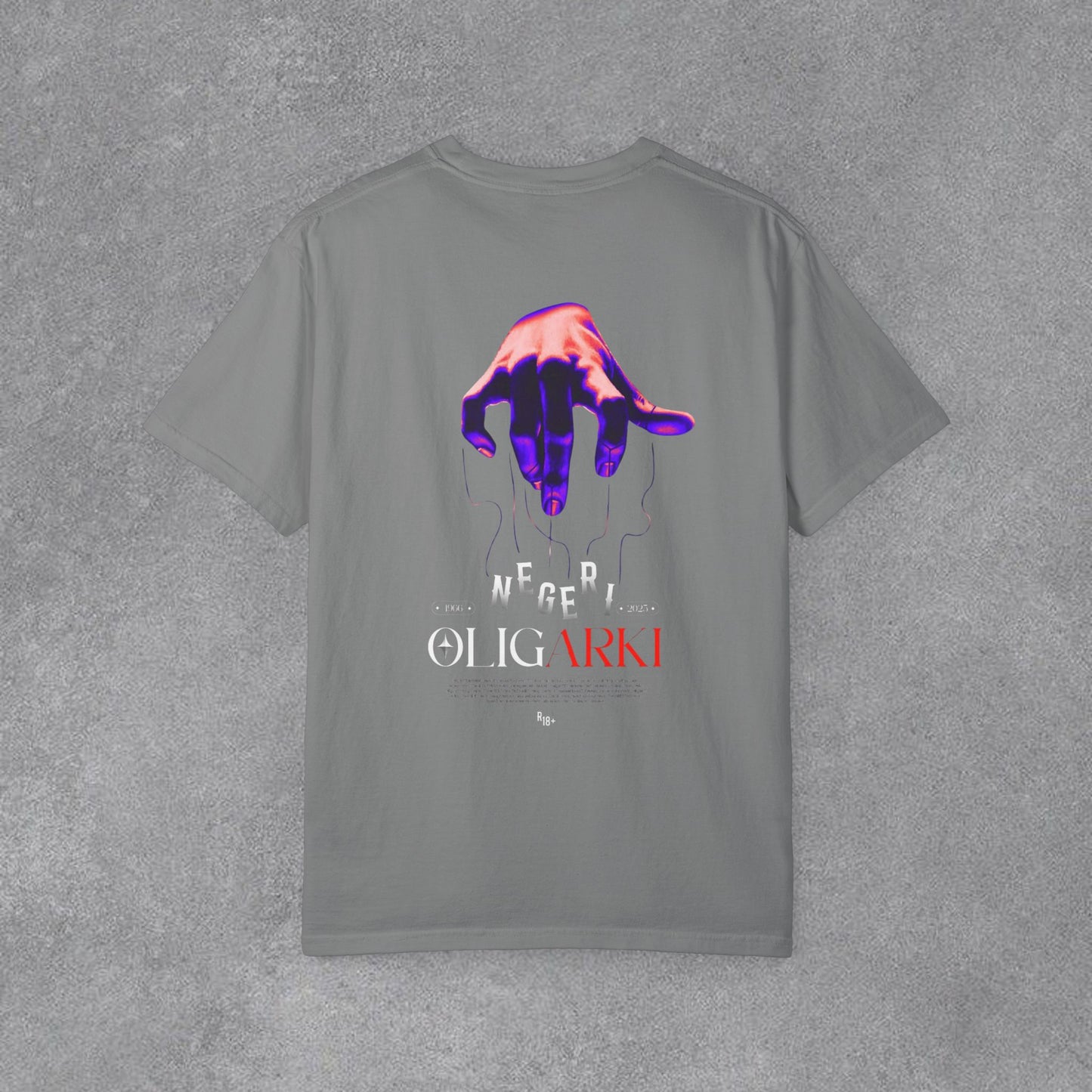🎆Koyu Renk Grafik Baskılı Tişört — Neon El "Oligarki" Tasarımlı🫵
