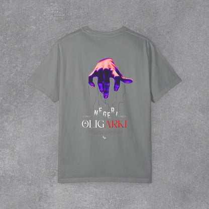 🎆Koyu Renk Grafik Baskılı Tişört — Neon El "Oligarki" Tasarımlı🫵
