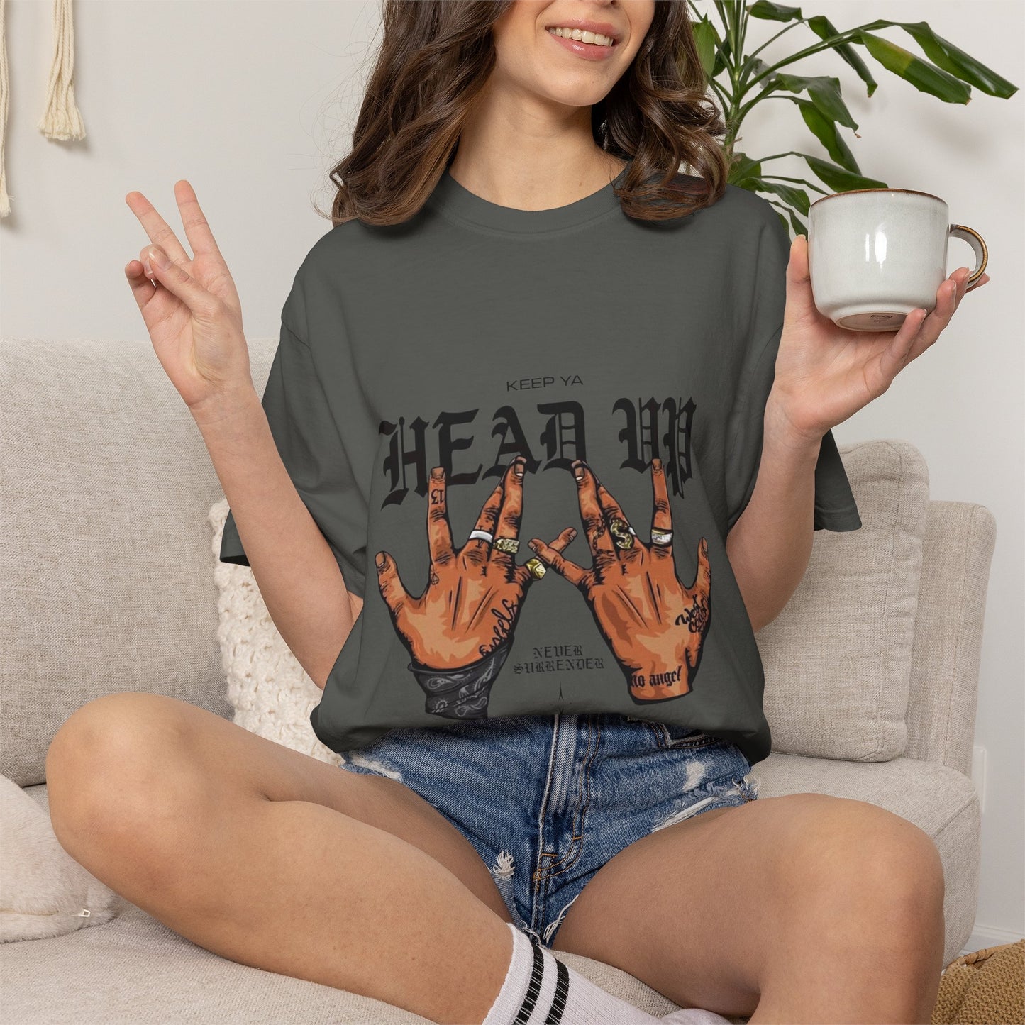 Copy of Head Up Hand Sign T-Shirt | Graffiti Bear Back Print, Streetwear Tee