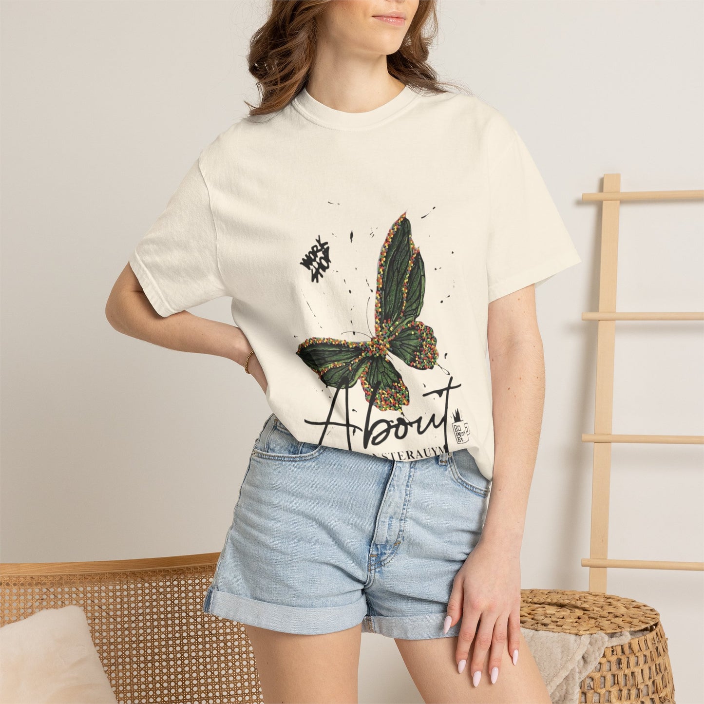Butterfly Script Graphic T-Shirt – "About" Vintage Botanical Tee