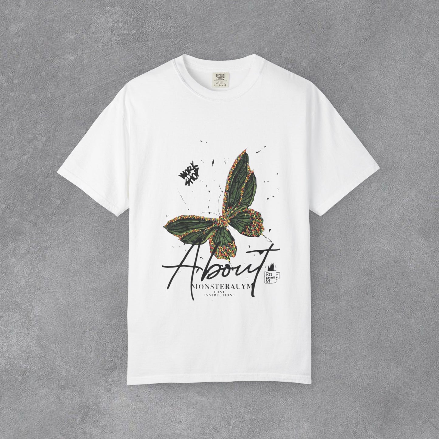 Butterfly Script Graphic T-Shirt – "About" Vintage Botanical Tee