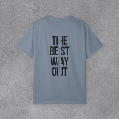 Copy of Cowboy Silhouette Horse Rider T-shirt | The Best Way Out Typographic Back Print