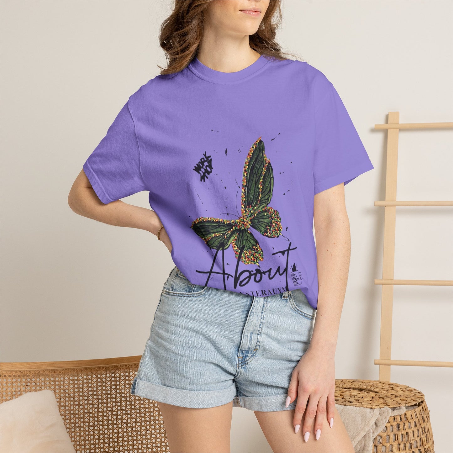 Butterfly Script Graphic T-Shirt – "About" Vintage Botanical Tee