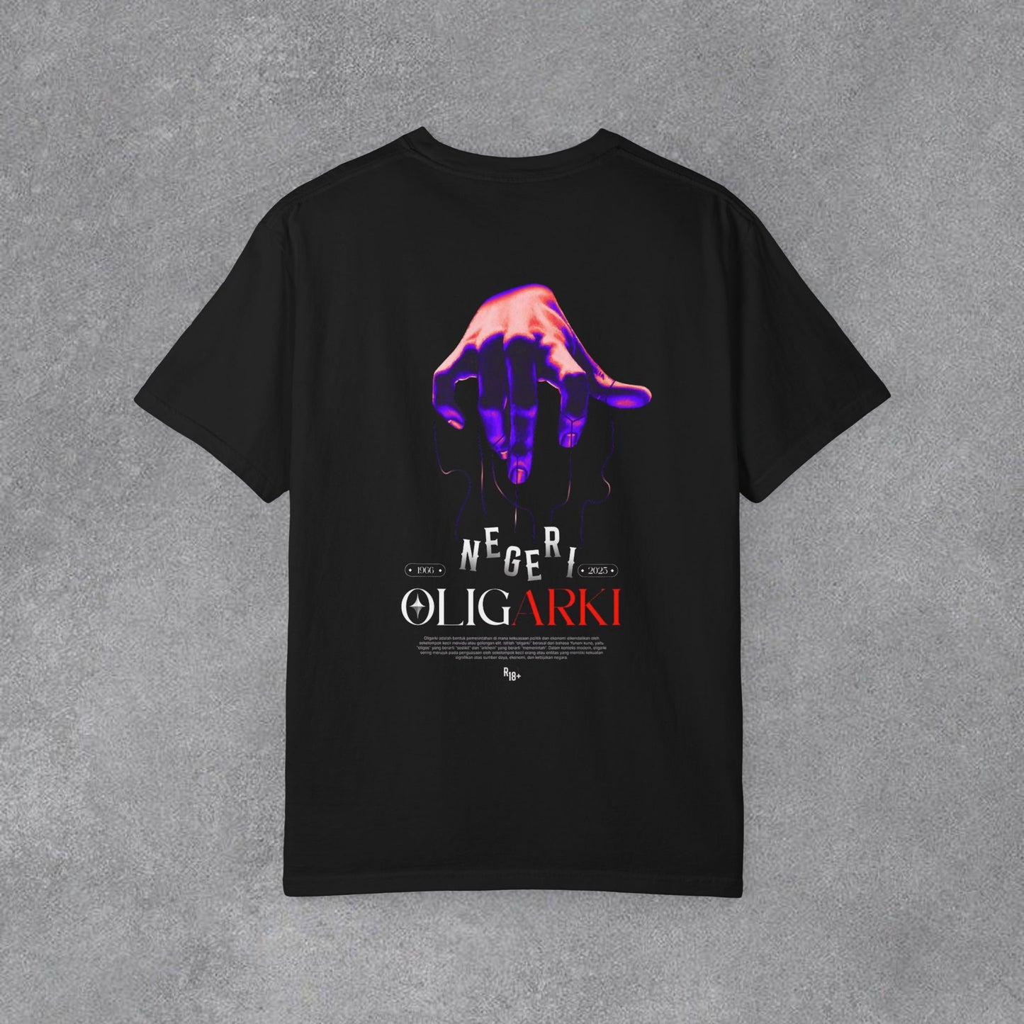 🎆Koyu Renk Grafik Baskılı Tişört — Neon El "Oligarki" Tasarımlı🫵