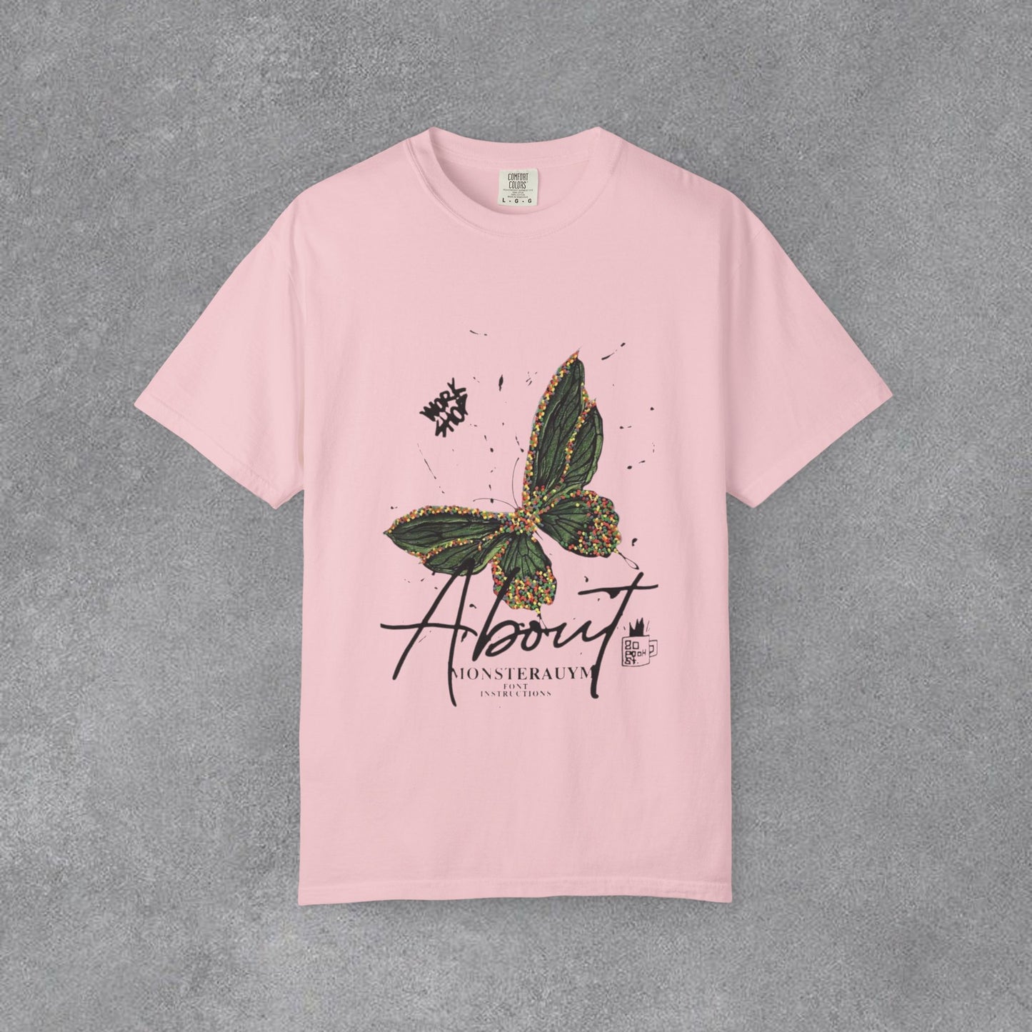 Butterfly Script Graphic T-Shirt – "About" Vintage Botanical Tee