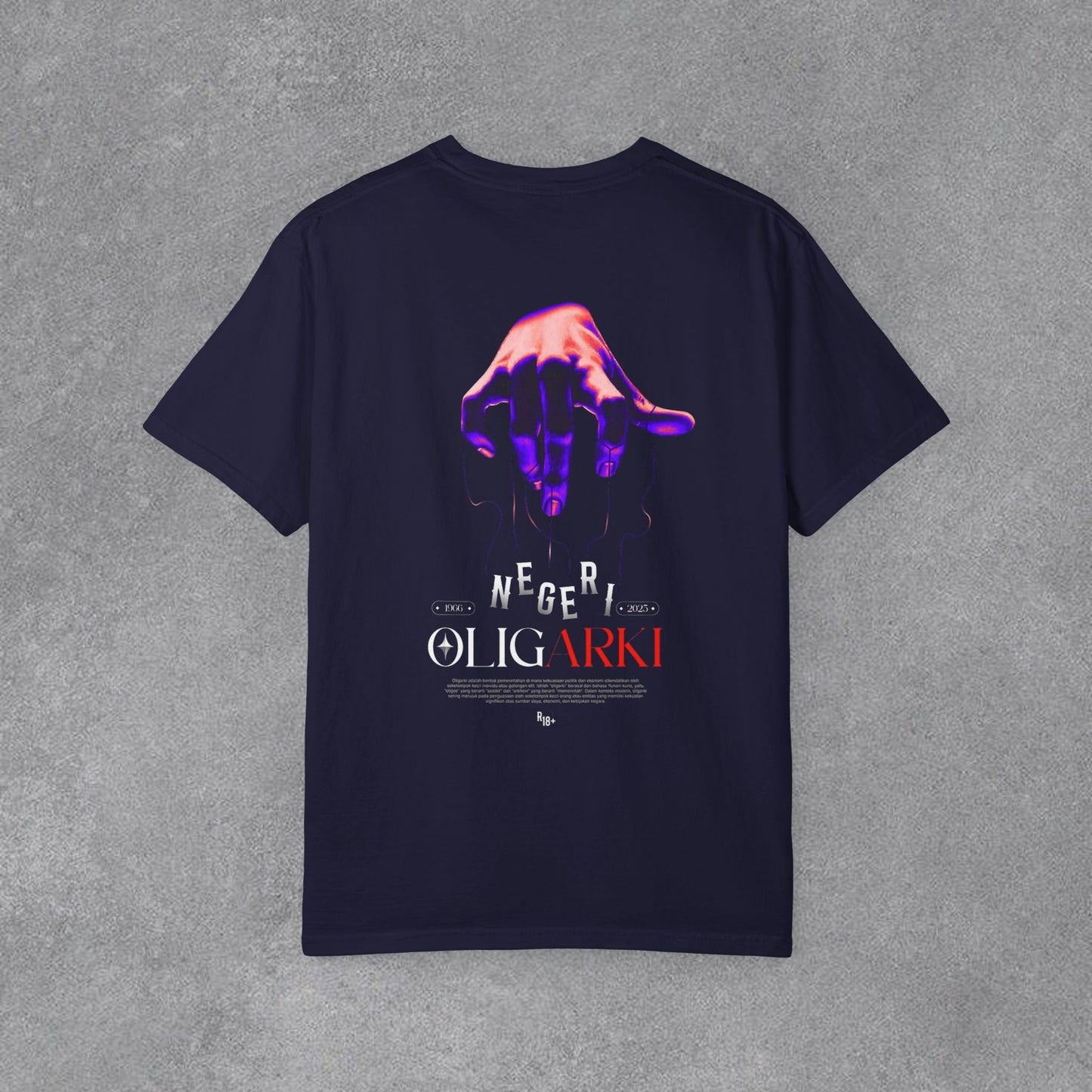 🎆Koyu Renk Grafik Baskılı Tişört — Neon El "Oligarki" Tasarımlı🫵