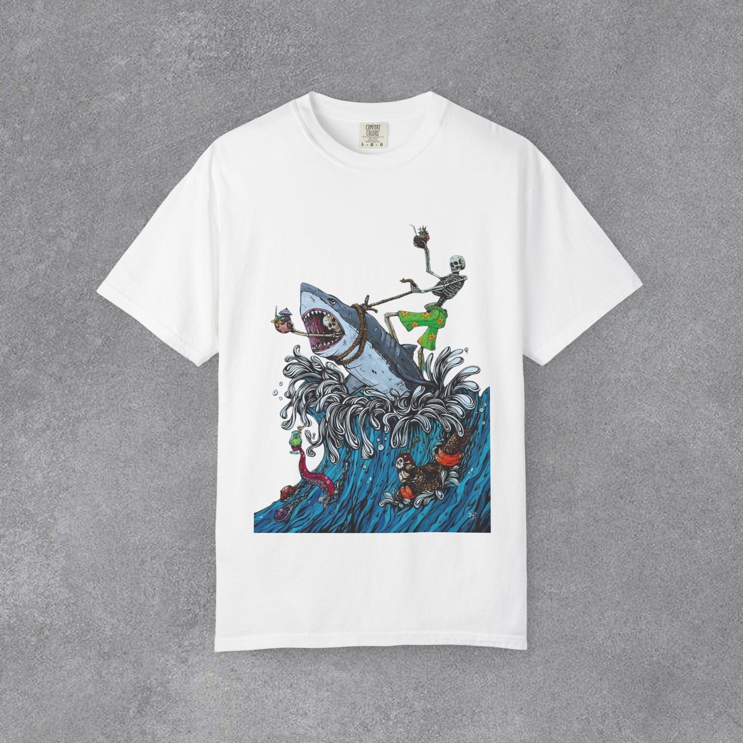 Copy of Shark Attack Surfing Skeleton T-shirt | Wave Illustration, Crown Back Print