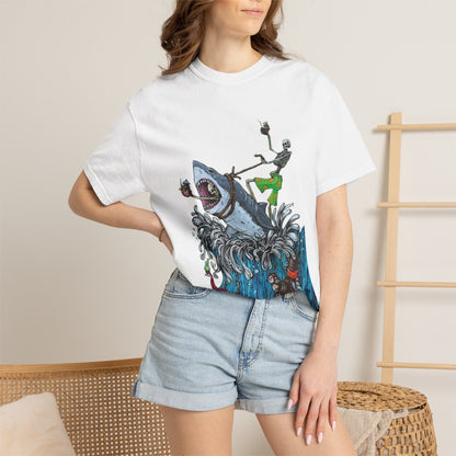 Copy of Shark Attack Surfing Skeleton T-shirt | Wave Illustration, Crown Back Print