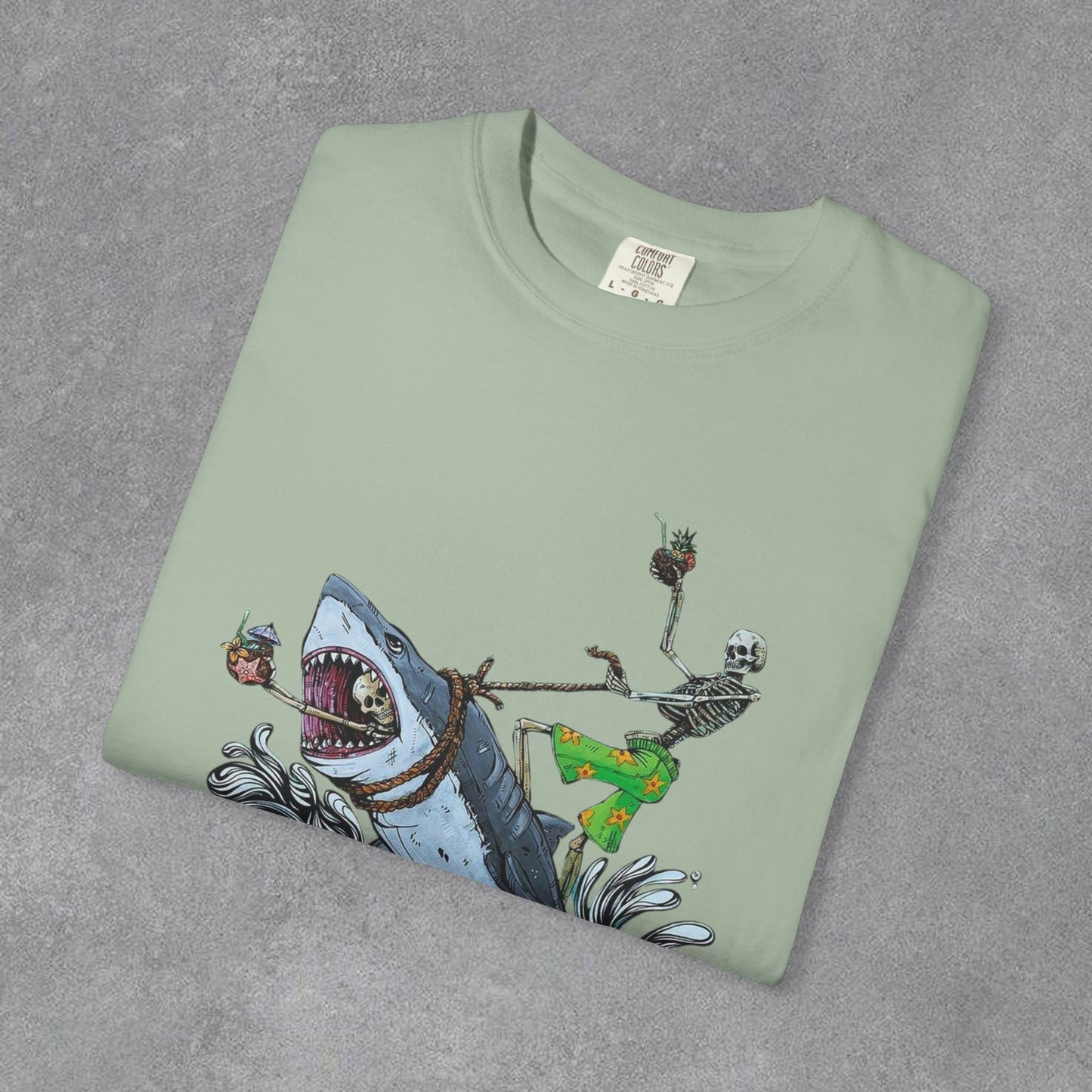 Copy of Shark Attack Surfing Skeleton T-shirt | Wave Illustration, Crown Back Print