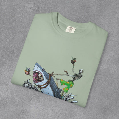 Copy of Shark Attack Surfing Skeleton T-shirt | Wave Illustration, Crown Back Print