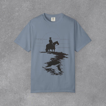 Copy of Cowboy Silhouette Horse Rider T-shirt | The Best Way Out Typographic Back Print