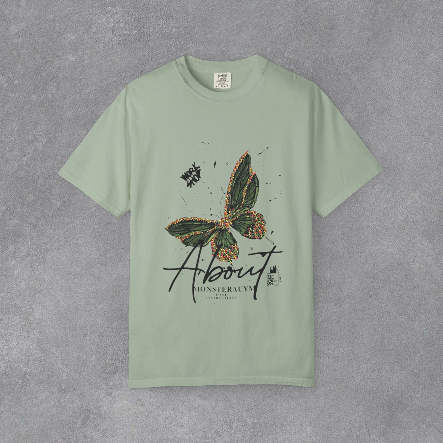 Butterfly Script Graphic T-Shirt – "About" Vintage Botanical Tee