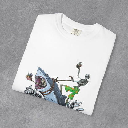 Copy of Shark Attack Surfing Skeleton T-shirt | Wave Illustration, Crown Back Print