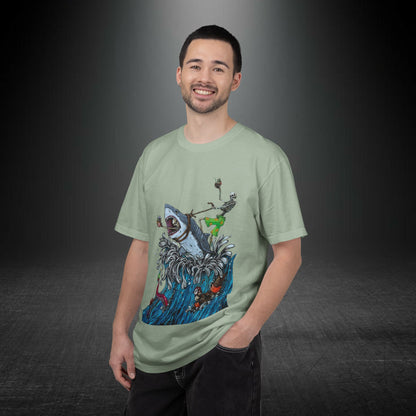 Copy of Shark Attack Surfing Skeleton T-shirt | Wave Illustration, Crown Back Print