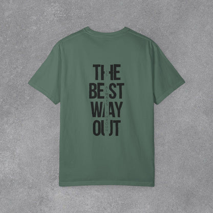 Copy of Cowboy Silhouette Horse Rider T-shirt | The Best Way Out Typographic Back Print