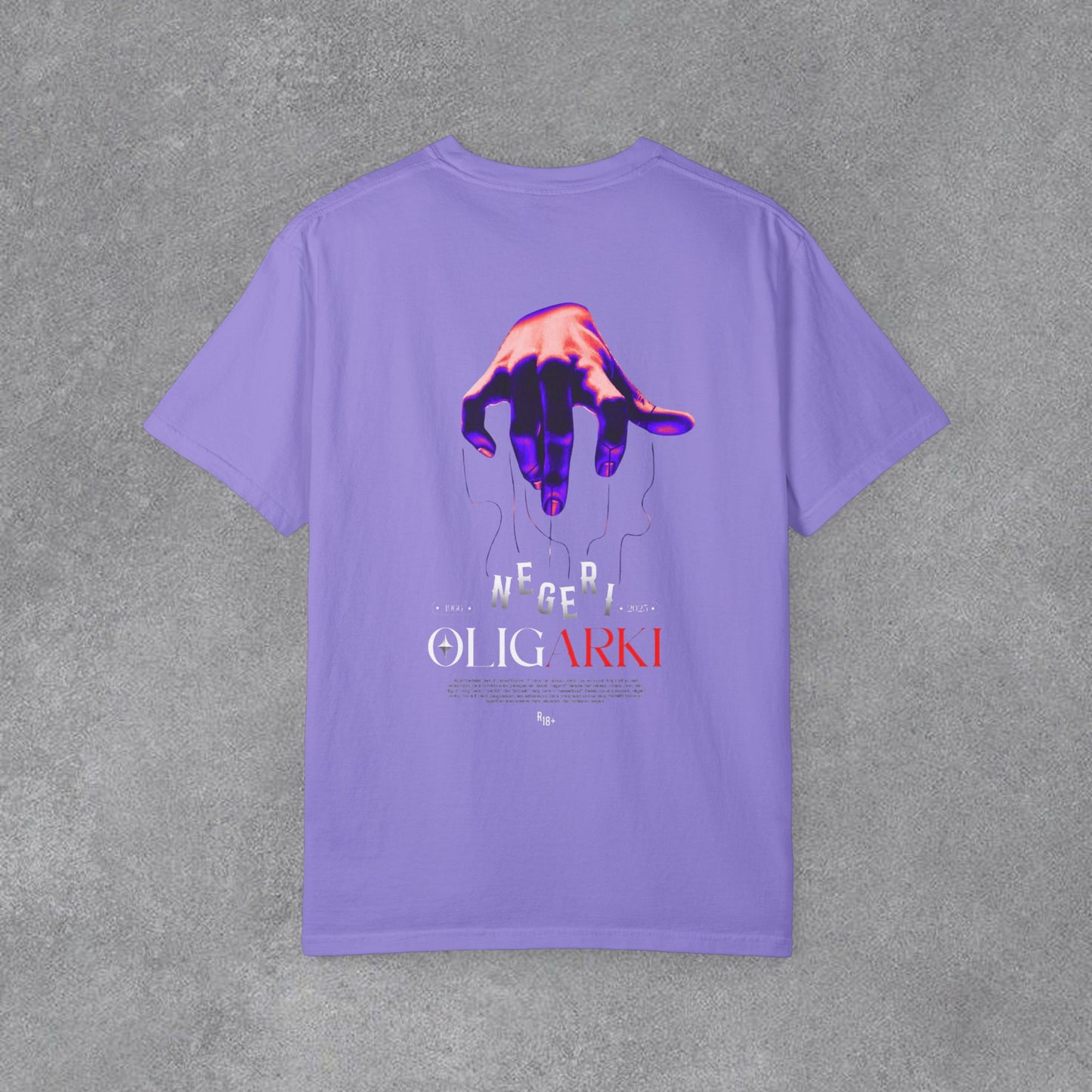 🎆Koyu Renk Grafik Baskılı Tişört — Neon El "Oligarki" Tasarımlı🫵