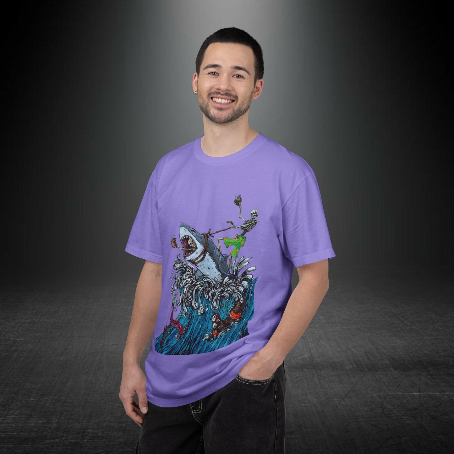 Copy of Shark Attack Surfing Skeleton T-shirt | Wave Illustration, Crown Back Print
