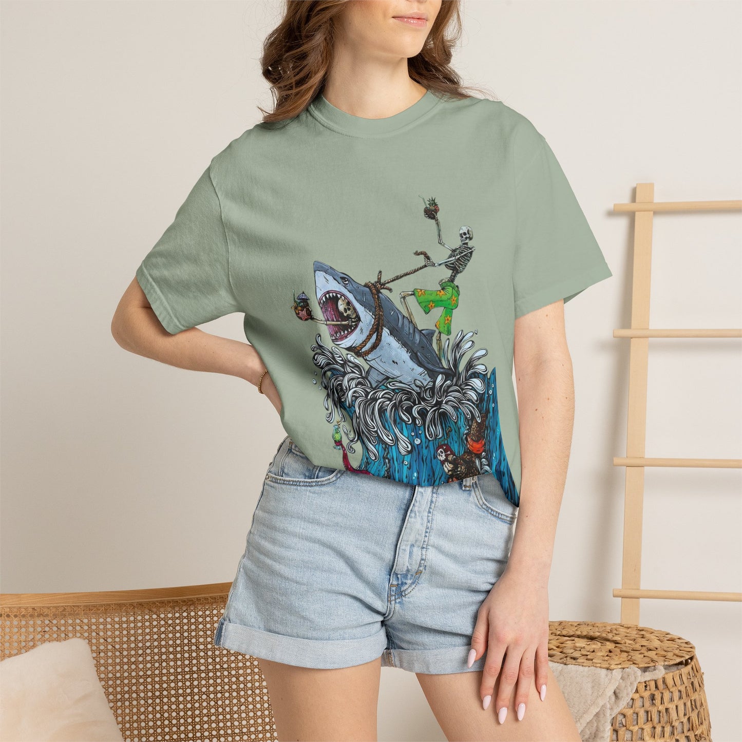 Copy of Shark Attack Surfing Skeleton T-shirt | Wave Illustration, Crown Back Print