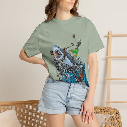 Copy of Shark Attack Surfing Skeleton T-shirt | Wave Illustration, Crown Back Print