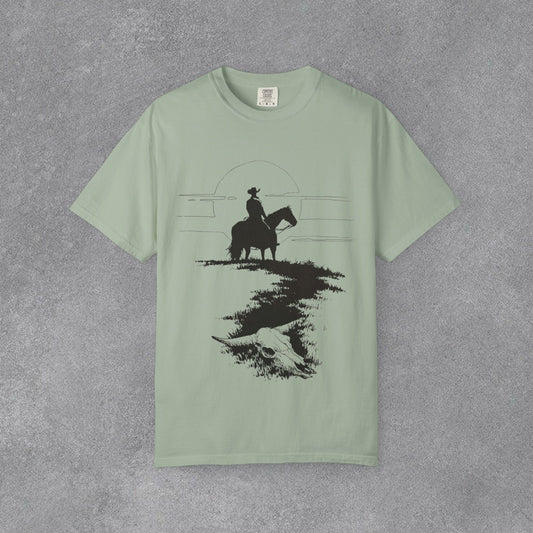 Copy of Cowboy Silhouette Horse Rider T-shirt | The Best Way Out Typographic Back Print
