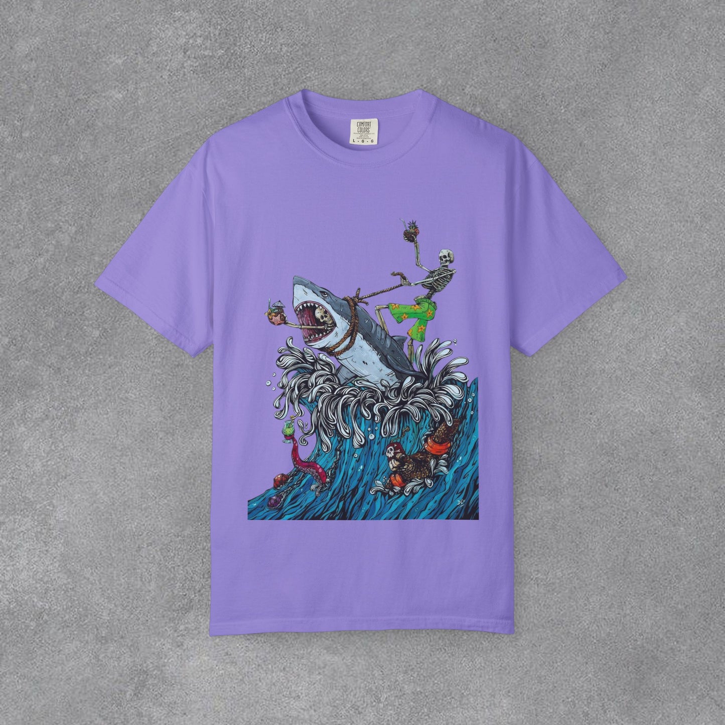 Copy of Shark Attack Surfing Skeleton T-shirt | Wave Illustration, Crown Back Print