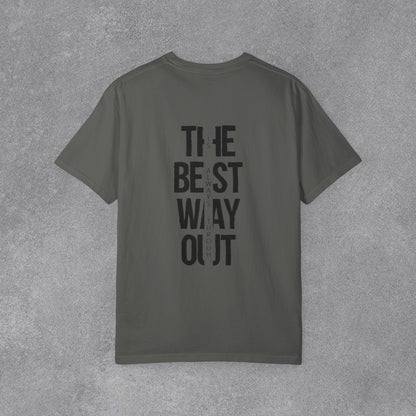 Copy of Cowboy Silhouette Horse Rider T-shirt | The Best Way Out Typographic Back Print