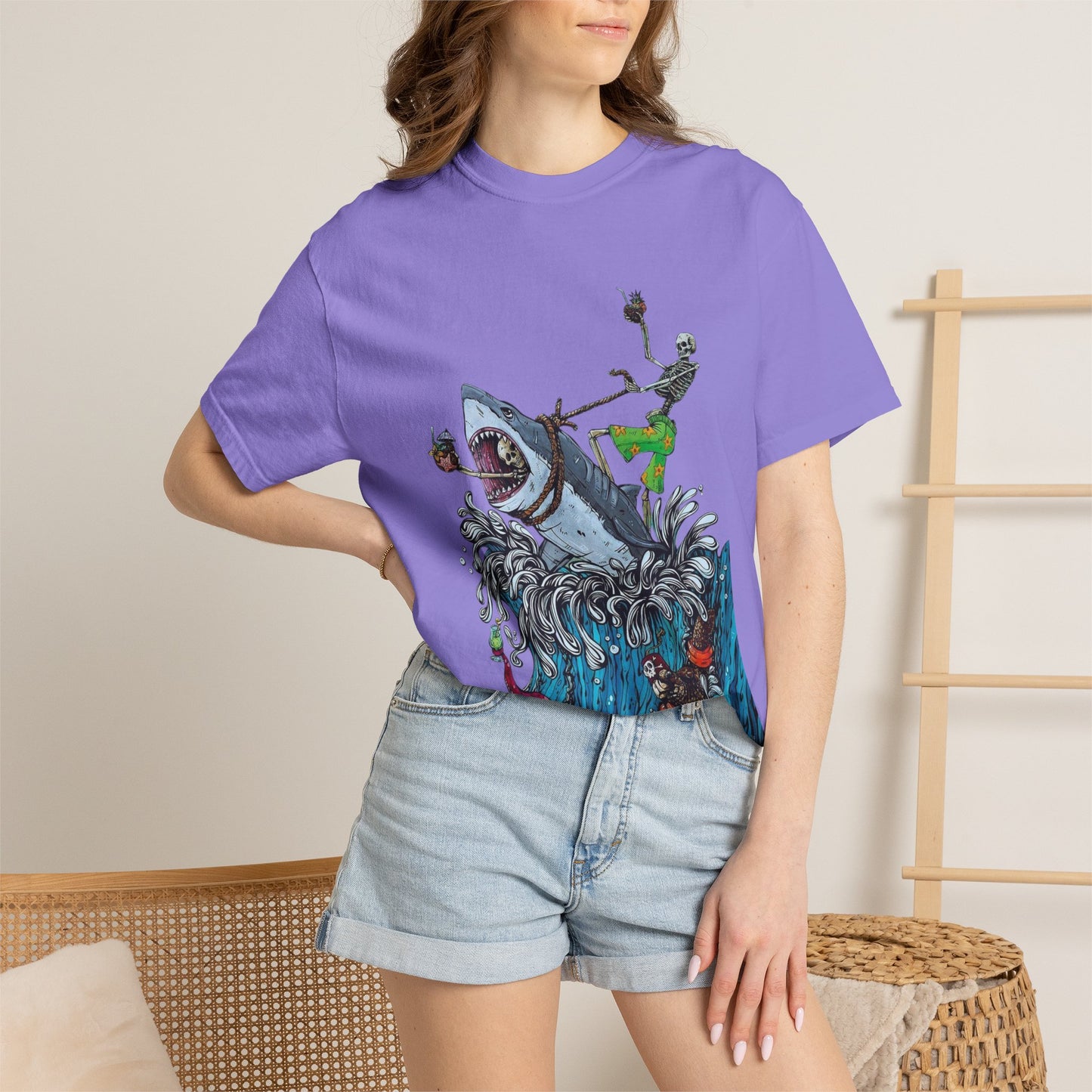Copy of Shark Attack Surfing Skeleton T-shirt | Wave Illustration, Crown Back Print