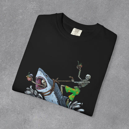 Copy of Shark Attack Surfing Skeleton T-shirt | Wave Illustration, Crown Back Print