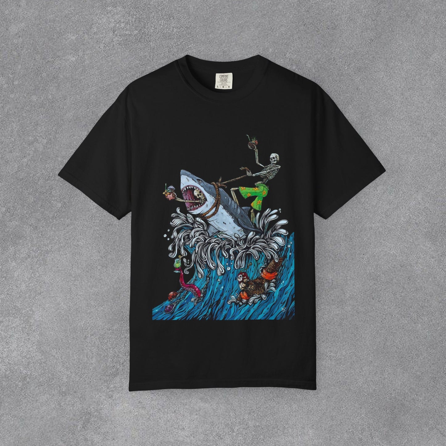 Copy of Shark Attack Surfing Skeleton T-shirt | Wave Illustration, Crown Back Print