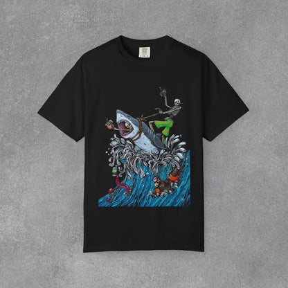 Copy of Shark Attack Surfing Skeleton T-shirt | Wave Illustration, Crown Back Print