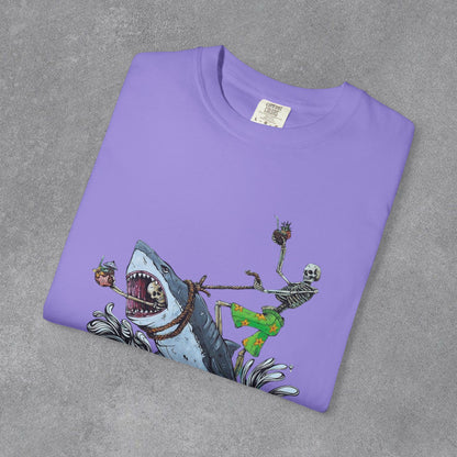 Copy of Shark Attack Surfing Skeleton T-shirt | Wave Illustration, Crown Back Print