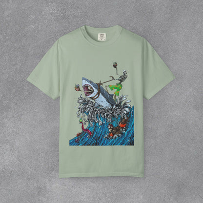 Copy of Shark Attack Surfing Skeleton T-shirt | Wave Illustration, Crown Back Print