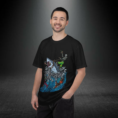 Copy of Shark Attack Surfing Skeleton T-shirt | Wave Illustration, Crown Back Print